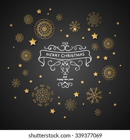 Vector Illustration of a Decorative Christmas Design with Golden Snowflakes and Stars