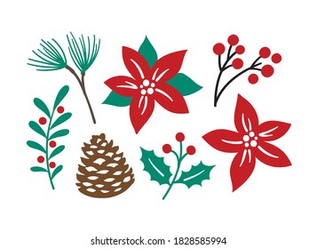Vector illustration of decorative Christmas foliage plants including poinsettia, pine, berry branch, holly berries, and pinecone.