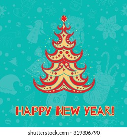 Vector Illustration of decorative christmas tree on the seamless christmas background. Happy New Year card. eps 10