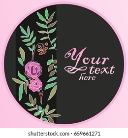 Vector illustration of decorative circle with roses and green leaves in vintage style. Decorative elements for greeting card, web design, wedding craft.