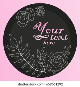 Vector illustration of decorative circle with white hand drawn roses and leaves in vintage style on black background. Decorative elements for greeting card, web design, wedding craft.