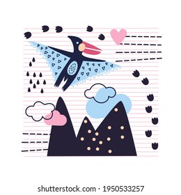 Vector illustration of decorative composition. Fantastic landscape and pterodactilus. On the background of the strips. For decor, poster. Interior decor.