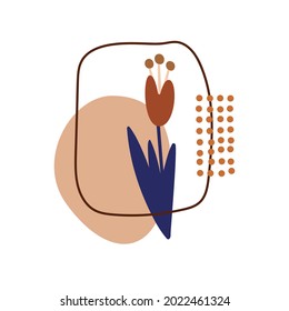 Ilustración vectorial de una composición decorativa con flores y manchas abstractas. Colores de boho. Estilo dibujado a mano. Cartel, decoración de pared, para imprimir en tela.