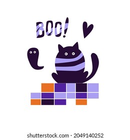 Vector illustration of a decorative composition for Halloween. Mummy cat, ghost and boo lettering. Poster, postcard, congratulations. Orange and purple colors. Hand drawn style
