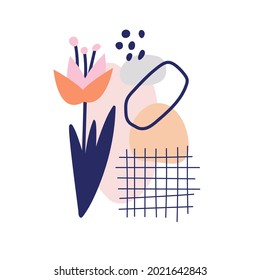 Vektorgrafik einer dekorativen Komposition mit einer Tulpe und abstrakten Flecken. Boho Farbe. Orange, braun, blau. Handgezeichnet. Poster, Wanddekor, Stoffdruck.