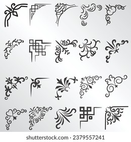 Vektorgrafik des dekorativen Eckrahmens. Set handgezeichnet von Ecken verschiedene Formen Blumendekor Vektordesign Doodle Sketch Stil für Hochzeit und Banner