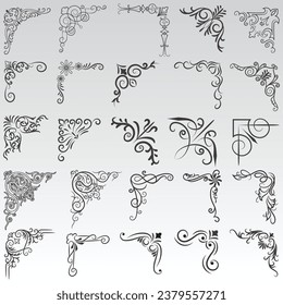 Vektorgrafik des dekorativen Eckrahmens. Set handgezeichnet von Ecken verschiedene Formen Blumendekor Vektordesign Doodle Sketch Stil für Hochzeit und Banner