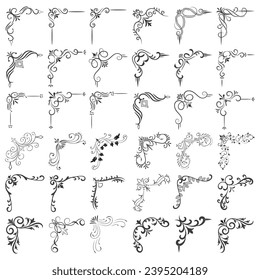 Ilustración vectorial del conjunto de cuadros decorativos de esquina. Establecer Dibujo manual de esquinas diferentes formas Decoración de flores Diseño de dibujos de dibujos de dibujos para bodas y pancartas. 