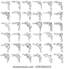 Ilustración vectorial del conjunto de cuadros decorativos de esquina. Establecer Dibujo manual de esquinas diferentes formas Decoración de flores Diseño de dibujos de dibujos de dibujos para bodas y pancartas. 