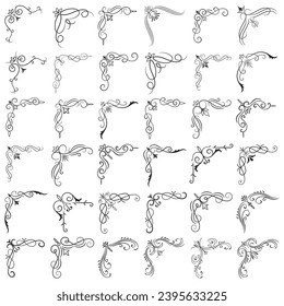 Vector illustration of decorative corner frame set. Set Hand Draw of Corners Different Shapes Flower Decoration Vector Design Doodle Sketch Style for Wedding and Banner. 