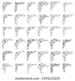 Ilustración vectorial del conjunto de cuadros decorativos de esquina. Establecer el dibujo manual de las esquinas diferentes formas Decoración de flores Diseño de dibujos de dibujos de dibujos para bodas y pancartas. 