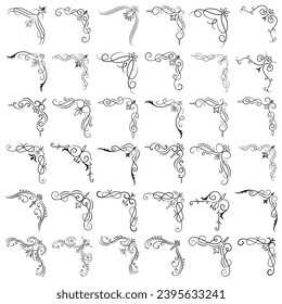 Vector illustration of decorative corner frame set. Set Hand Draw of Corners Different Shapes Flower Decoration Vector Design Doodle Sketch Style for Wedding and Banner. 