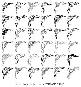 Ilustración vectorial del conjunto de cuadros decorativos de esquina. Establecer el dibujo manual de las esquinas diferentes formas Decoración de flores Diseño de dibujos de dibujos de dibujos para bodas y pancartas. 