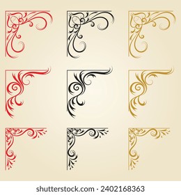 Vector illustration of decorative corner frame set,Thin line vintage corner. Medieval period of the Victorian dynasty. Fancy black monogram