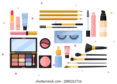 Vector illustration of decorative cosmetics. Different lipstics, eyeshadow case, eyeliners, eyebrow pencil, mascara, tone cream, blush, concealer, base makeup, a set of different brushes