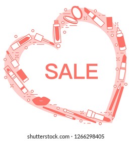 Vector illustration with decorative cosmetics for the lips, located in shape of heart and the inscription sale. Big sale and shopping concept. Design for banner, poster or print.