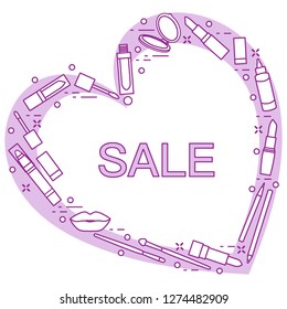 Vector illustration with decorative cosmetics for the lips, located in shape of heart and the inscription sale. Big sale and shopping concept. Design for banner, poster or print.