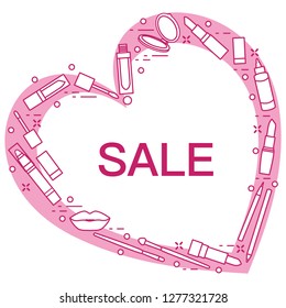 Vector illustration with decorative cosmetics for the lips, located in shape of heart and the inscription sale. Big sale and shopping concept. Design for banner, poster or print.