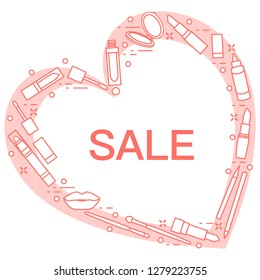 Vector illustration with decorative cosmetics for the lips, located in shape of heart and the inscription sale. Big sale and shopping concept. Design for banner, poster or print.