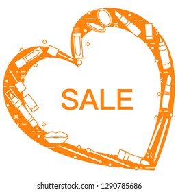 Vector illustration with decorative cosmetics for the lips, located in shape of heart and the inscription sale. Big sale and shopping concept. Design for banner, poster or print.