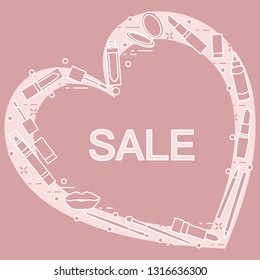 Vector illustration with decorative cosmetics for the lips, located in shape of heart and the inscription sale. Big sale and shopping concept. Design for banner, poster or print.