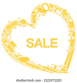 Vector illustration with decorative cosmetics for the lips, located in shape of heart and the inscription sale. Big sale and shopping concept. Design for banner, poster or print.