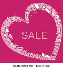 Vector illustration with decorative cosmetics for the lips, located in shape of heart and the inscription sale. Big sale and shopping concept. Design for banner, poster or print.