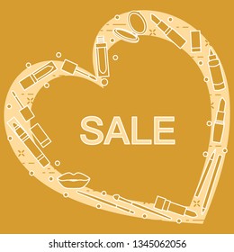 Vector illustration with decorative cosmetics for the lips, located in shape of heart and the inscription sale. Big sale and shopping concept. Design for banner, poster or print.