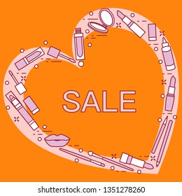 Vector illustration with decorative cosmetics for the lips, located in shape of heart and the inscription sale. Big sale and shopping concept. Design for banner, poster or print.