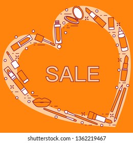 Vector illustration with decorative cosmetics for the lips, located in shape of heart and the inscription sale. Big sale and shopping concept. Design for banner, poster or print.