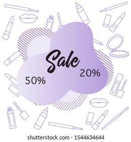 Vector illustration Decorative cosmetics, makeup, inscription Sale. 50, 20 percent price reduction advert Black Friday, Cyber Monday background Purchase Discount promo layout Design for website, print