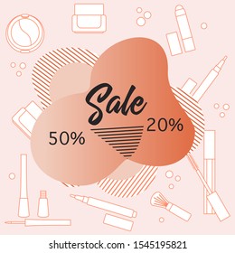 Vector illustration Decorative cosmetics, makeup, inscription Sale. 50, 20 percent price reduction advert Black Friday, Cyber Monday background Purchase Discount promo layout Design for website, print