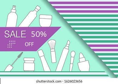 Vector illustration Decorative cosmetics, makeup. Sale template Shop now Shopping background Big sale offer Price reduction advert Purchase Discount Advertising Design for banner, poster or print