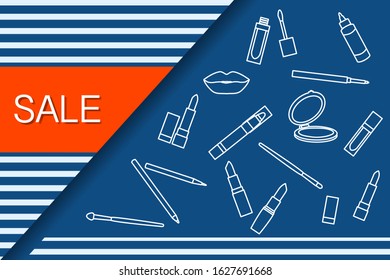 Vector illustration Decorative cosmetics, makeup. Sale template Shop now Shopping background Big sale offer Price reduction advert Purchase Discount Advertising Design for banner, poster or print