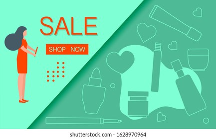 Vector illustration Decorative cosmetics, makeup. Sale template Shop now Shopping background Big sale offer Price reduction advert Purchase Discount Advertising Design for banner, poster or print
