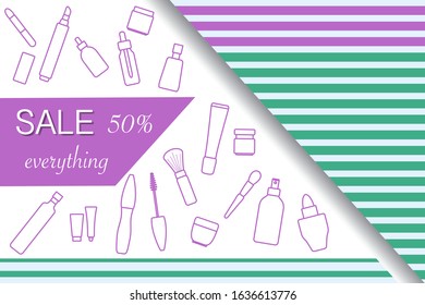 Vector illustration Decorative cosmetics, makeup. Sale template Shop now Shopping background Big sale offer Price reduction advert Purchase Discount Advertising Design for banner, poster or print