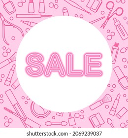 Ilustración vectorial Cosméticos decorativos Makeup Venta Venta Inscripción Neon Ver ahora Comprar Gran oferta Reducción de precios anuncio Comprar Descuento Publicidad Lipstick Pincel Mascara Crema Aceite Belleza Moda