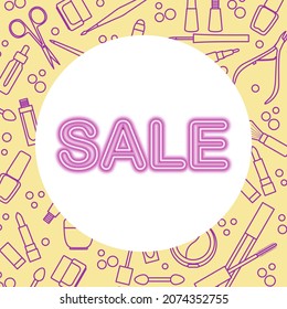 Vector Illustration Decorative cosmetics Makeup Sale Neon inscription Shop now Shopping Big offer Price reduction advert Purchase Discount Advertising Lipstick Brush Mascara Cream Oil Beauty Fashion