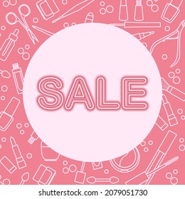 Vector Illustration Decorative cosmetics Makeup Sale Neon inscription Shop now Shopping Big offer Price reduction advert Purchase Discount Advertising Lipstick Brush Mascara Cream Oil Beauty Fashion