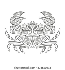 Vector illustration decorative crab on white background. Fashion trend of adult coloration. Ocean crab with elements oriental motif Turkish cucumber. Black and white. Modern design.
