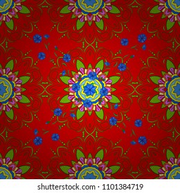 Vector illustration. Decorative design element filigree calligraphy. Vintage baroque mandala ornament on red, green and blue colors. Retro pattern antique style acanthus.