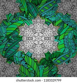 Vector illustration. Decorative design element filigree calligraphy. Vintage baroque mandala ornament on green, white and black colors. Retro pattern antique style acanthus.