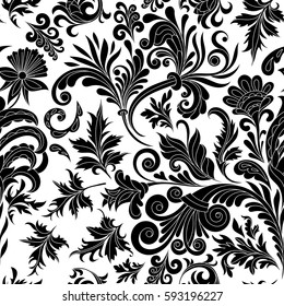 Vector illustration. Decorative design element filigree calligraphy. Retro seamless pattern antique style acanthus. Black on white vintage baroque ornament.