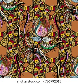 Vector illustration. Decorative design element filigree calligraphy. Retro pattern antique style acanthus. Vintage baroque mandala ornament on black, brown and yellow colors.