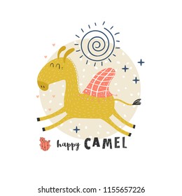 Vector illustration, decorative design template. Cute camel with a sun and an inscription - happy camel.