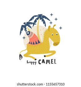 Vector illustration, decorative design template. Сute camel with palm trees on the background and an inscription - happy camel.