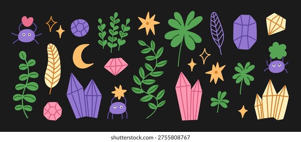 Vector illustration with decorative details including leaves, diamonds, stars and cute tiny spiders. For Halloween designs, Birthday invitations, scrapbooking, packaging and children's textile design.