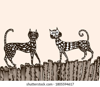 Vector illustration of decorative domestic cats walking on wooden fence