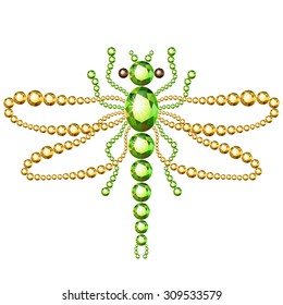 Vector illustration: decorative dragonfly silhouette made of green and yellow diamonds isolated on white background 