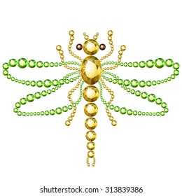 Vector illustration: decorative dragonfly silhouette made of green and yellow diamonds isolated on white background 